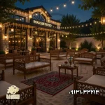 تخت سنتی گره چینی در فضا باز رستوارن