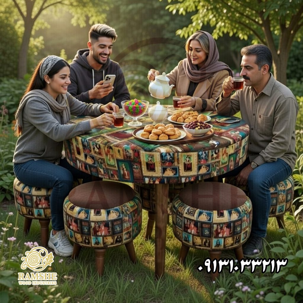 نمای از میز صبحانه طرحدار با ۴ پاف و میز کد P116