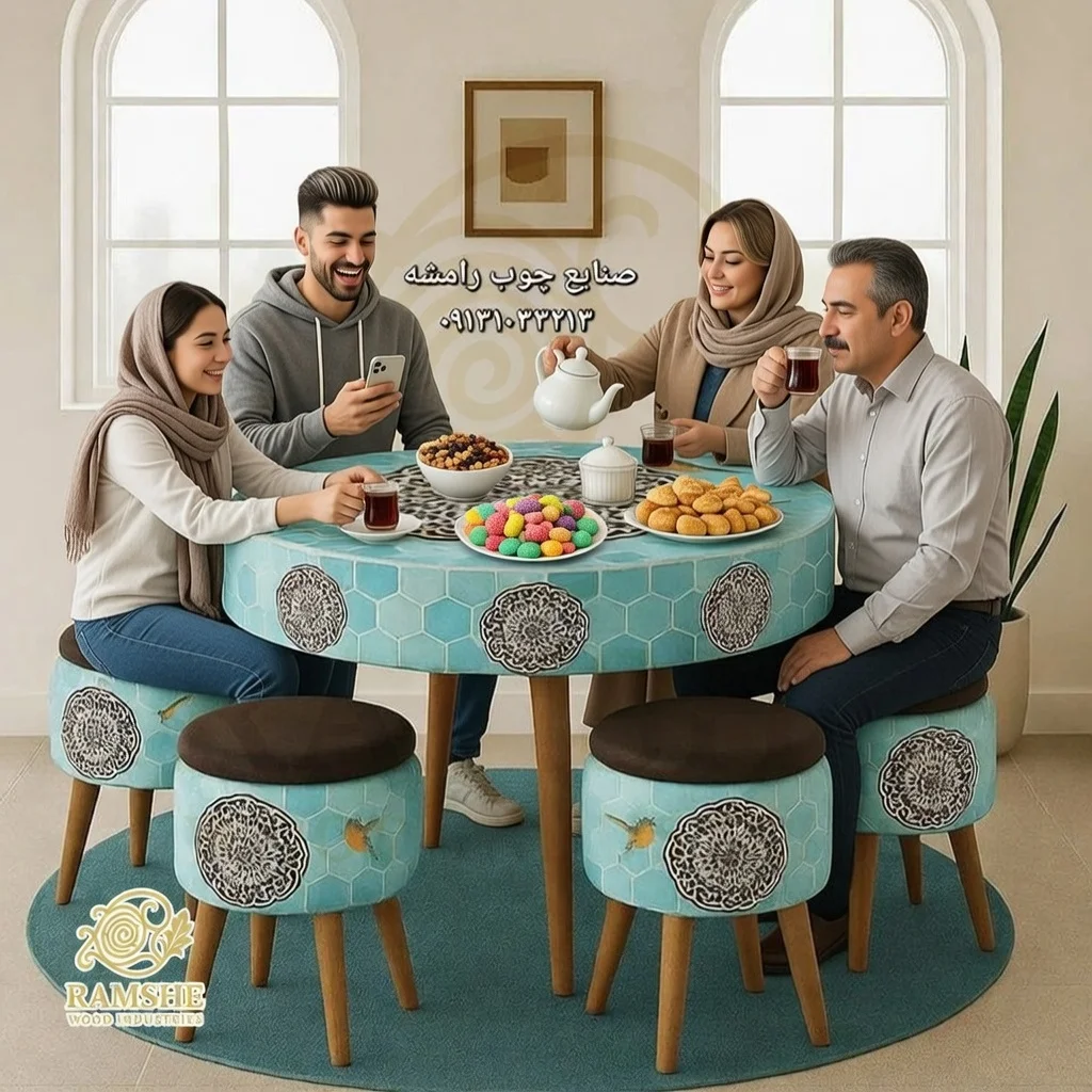 نمای از میز صبحانه طرح دار با ۴ پاف و میز کد P123