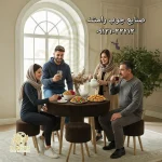 نمای کلی میز صبحانه با ۴ پاف و میز کد P125 رامشه وود