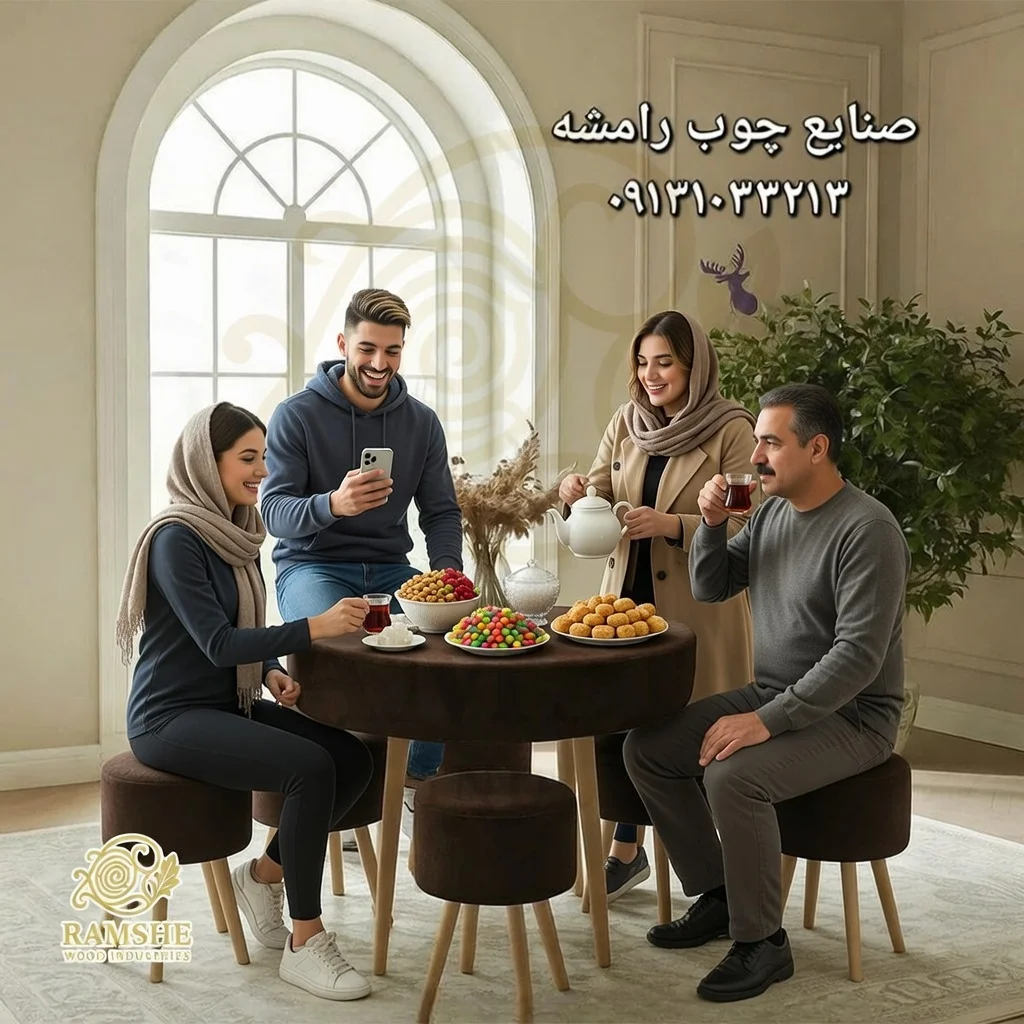 نمای کلی میز صبحانه با ۴ پاف و میز کد P125 رامشه وود